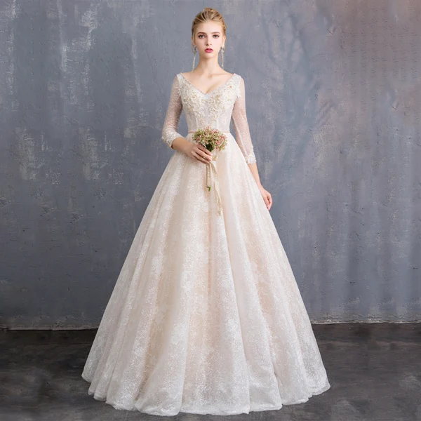 Bling Bling Champagne Wedding Dresses 2019 A-Line / Princess V-Neck 3/4 Sleeve Backless Appliques Lace Beading Sash Glitter Tulle Floor-Length / Long Ruffle