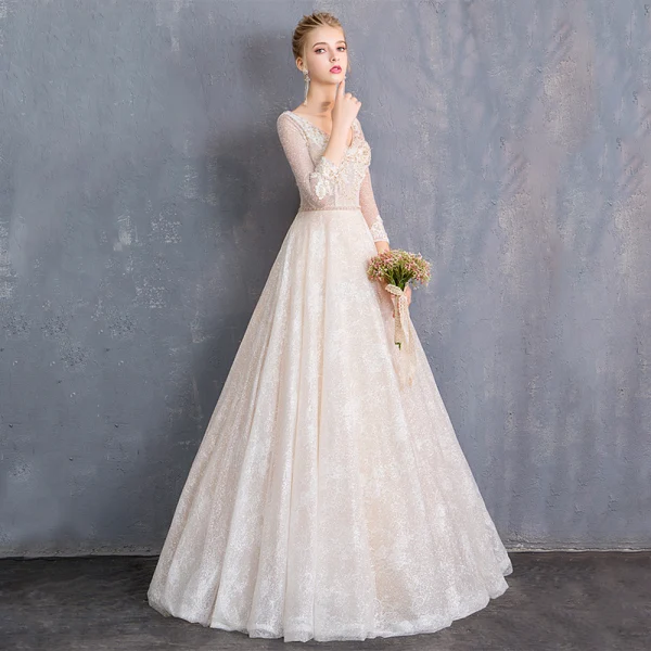 Bling Bling Champagne Wedding Dresses 2019 A-Line / Princess V-Neck 3/4 Sleeve Backless Appliques Lace Beading Sash Glitter Tulle Floor-Length / Long Ruffle