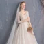 Bling Bling Champagne Wedding Dresses 2019 A-Line / Princess V-Neck 3/4 Sleeve Backless Appliques Lace Beading Sash Glitter Tulle Floor-Length / Long Ruffle