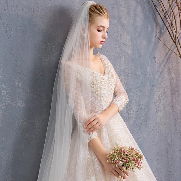 Bling Bling Champagne Wedding Dresses 2019 A-Line / Princess V-Neck 3/4 Sleeve Backless Appliques Lace Beading Sash Glitter Tulle Floor-Length / Long Ruffle