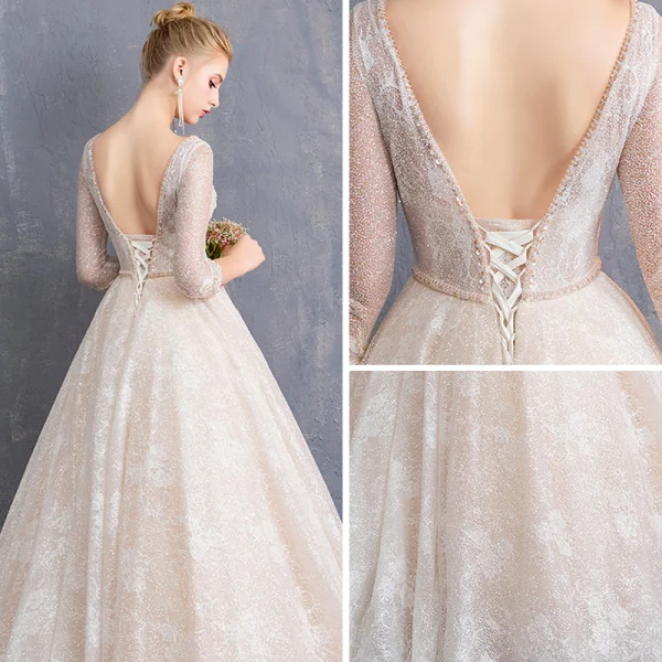 Bling Bling Champagne Wedding Dresses 2019 A-Line / Princess V-Neck 3/4 Sleeve Backless Appliques Lace Beading Sash Glitter Tulle Floor-Length / Long Ruffle