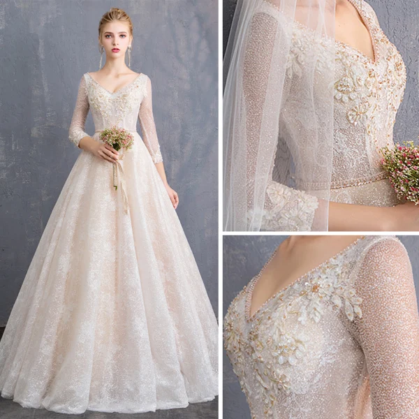 Bling Bling Champagne Wedding Dresses 2019 A-Line / Princess V-Neck 3/4 Sleeve Backless Appliques Lace Beading Sash Glitter Tulle Floor-Length / Long Ruffle