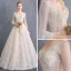 Bling Bling Champagne Wedding Dresses 2019 A-Line / Princess V-Neck 3/4 Sleeve Backless Appliques Lace Beading Sash Glitter Tulle Floor-Length / Long Ruffle