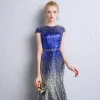 Sparkly Royal Blue Silver Sequins Evening Dresses  2018 Trumpet / Mermaid Scoop Neck Cap Sleeves Metal Sash Floor-Length / Long Formal Dresses