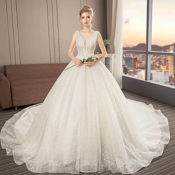 Best Ivory Lace Wedding Dresses 2019 A-Line / Princess V-Neck Sleeveless Backless Beading Cathedral Train Ruffle