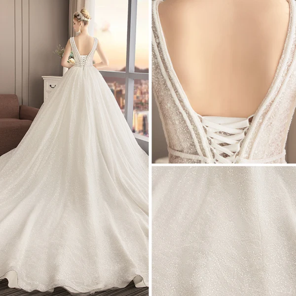 Meilleur Ivoire Dentelle Robe De Mariée 2019 Princesse V-Cou Sans Manches Dos Nu Perlage Cathedral Train Volants