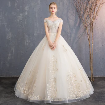 Abordable Champagne Robe De Mariée 2019 Princesse De L Épaule Manches Courtes Dos Nu Appliques En Dentelle Perlage Longue Volants