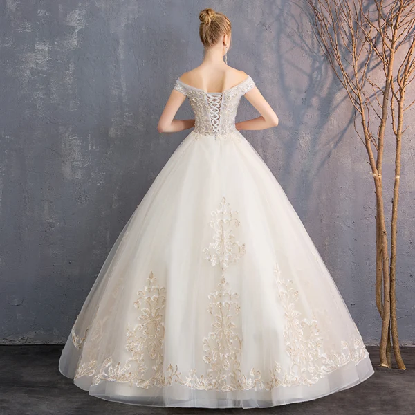 Affordable Champagne Wedding Dresses 2019 A-Line / Princess Off-The-Shoulder Short Sleeve Backless Appliques Lace Beading Floor-Length / Long Ruffle