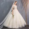 Affordable Champagne Wedding Dresses 2019 A-Line / Princess Off-The-Shoulder Short Sleeve Backless Appliques Lace Beading Floor-Length / Long Ruffle