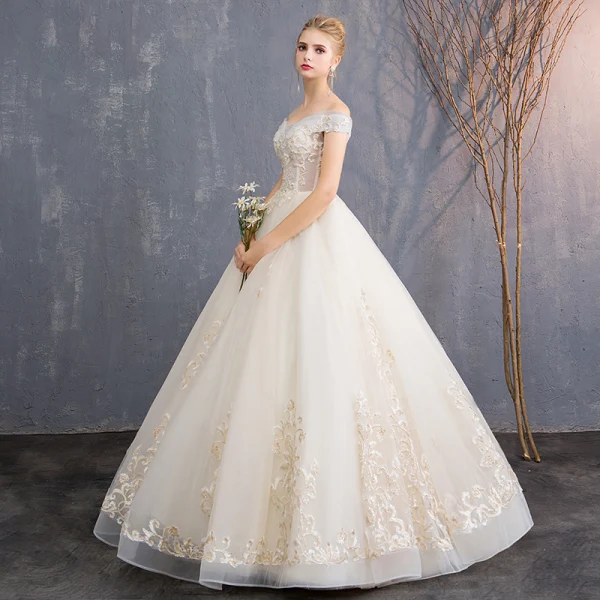 Affordable Champagne Wedding Dresses 2019 A-Line / Princess Off-The-Shoulder Short Sleeve Backless Appliques Lace Beading Floor-Length / Long Ruffle