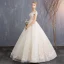 Affordable Champagne Wedding Dresses 2019 A-Line / Princess Off-The-Shoulder Short Sleeve Backless Appliques Lace Beading Floor-Length / Long Ruffle