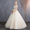 Affordable Champagne Wedding Dresses 2019 A-Line / Princess Off-The-Shoulder Short Sleeve Backless Appliques Lace Beading Floor-Length / Long Ruffle