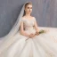 Affordable Champagne Wedding Dresses 2019 A-Line / Princess Off-The-Shoulder Short Sleeve Backless Appliques Lace Beading Floor-Length / Long Ruffle