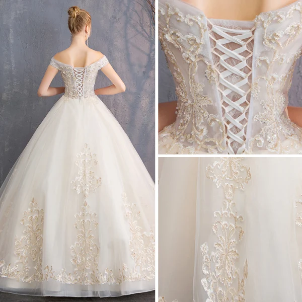 Affordable Champagne Wedding Dresses 2019 A-Line / Princess Off-The-Shoulder Short Sleeve Backless Appliques Lace Beading Floor-Length / Long Ruffle