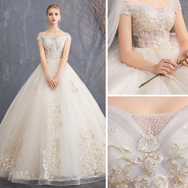Affordable Champagne Wedding Dresses 2019 A-Line / Princess Off-The-Shoulder Short Sleeve Backless Appliques Lace Beading Floor-Length / Long Ruffle