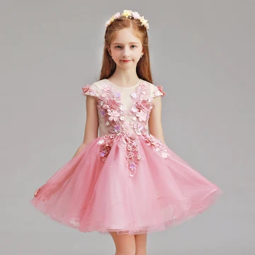 Chic Belle Rose Bonbon Robe Ceremonie Fille 2019 Princesse Encolure Dégagée Mancherons Appliques Fleur Perle Courte Volants Robe Pour Mariage