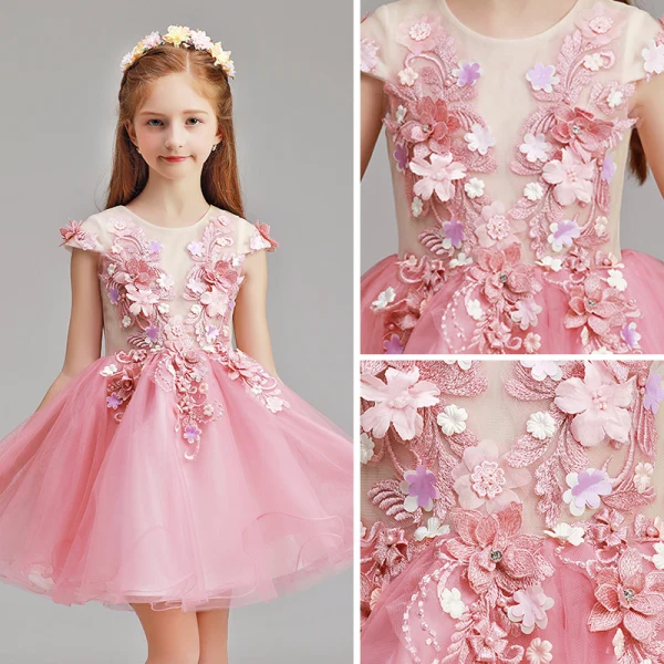 Chic / Beautiful Candy Pink Flower Girl Dresses 2019 A-Line / Princess Scoop Neck Cap Sleeves Appliques Flower Pearl Short Ruffle Wedding Party Dresses