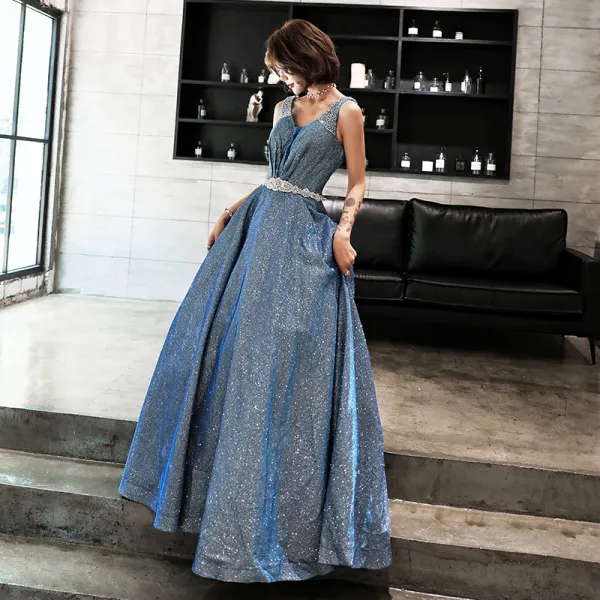 Glitter Starry Sky Pool Blue Prom Dresses 2019 A-Line / Princess V-Neck Sleeveless Rhinestone Sash Floor-Length / Long Ruffle Backless Formal Dresses