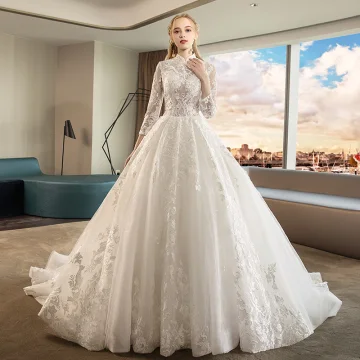 Kinesisk Stil Elfenben Pierced Bröllopsklänningar 2019 Prinsessa Hög Hals 3 4 Ärm Appliqués Spets Glittriga Glitter Tyll Chapel Train Ruffle