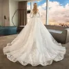 Chinese style Ivory Pierced Wedding Dresses 2019 A-Line / Princess High Neck 3/4 Sleeve Appliques Lace Glitter Tulle Chapel Train Ruffle