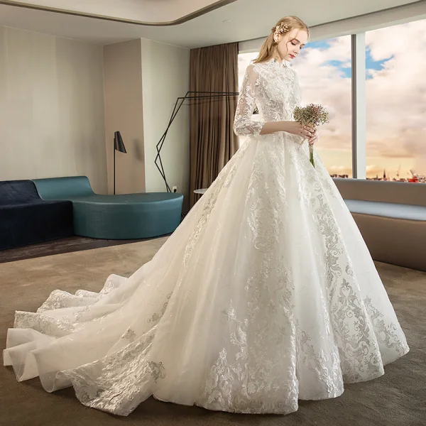 Chinese style Ivory Pierced Wedding Dresses 2019 A-Line / Princess High Neck 3/4 Sleeve Appliques Lace Glitter Tulle Chapel Train Ruffle