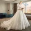 Chinese style Ivory Pierced Wedding Dresses 2019 A-Line / Princess High Neck 3/4 Sleeve Appliques Lace Glitter Tulle Chapel Train Ruffle