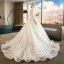 Chinese style Ivory Pierced Wedding Dresses 2019 A-Line / Princess High Neck 3/4 Sleeve Appliques Lace Glitter Tulle Chapel Train Ruffle