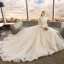 Chinese style Ivory Pierced Wedding Dresses 2019 A-Line / Princess High Neck 3/4 Sleeve Appliques Lace Glitter Tulle Chapel Train Ruffle