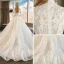 Chinese style Ivory Pierced Wedding Dresses 2019 A-Line / Princess High Neck 3/4 Sleeve Appliques Lace Glitter Tulle Chapel Train Ruffle