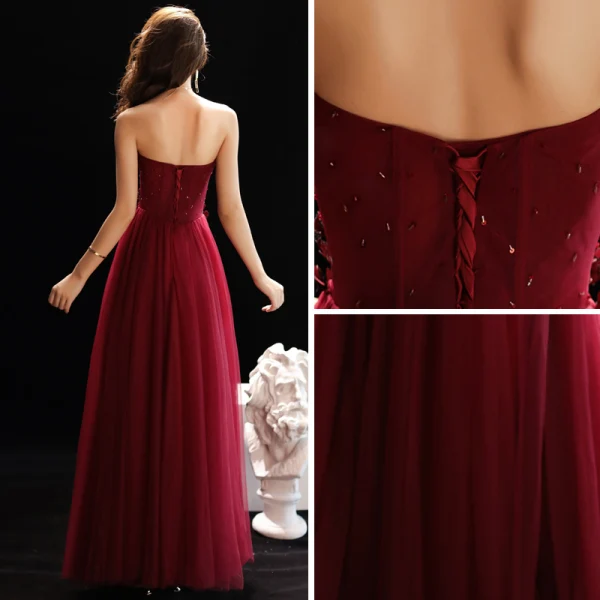 Elegant Burgunder Selskapskjoler 2019 Prinsesse Kjæreste Uten Ermer Appliques Blomst Beading Lange Buste Ryggløse Formelle Kjoler