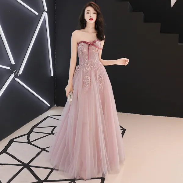Elegant Blushing Pink Prom Dresses 2019 A-Line / Princess Bow Sweetheart Sleeveless Appliques Lace Flower Pearl Rhinestone Floor-Length / Long Ruffle