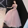 Elegant Blushing Pink Prom Dresses 2019 A-Line / Princess Bow Sweetheart Sleeveless Appliques Lace Flower Pearl Rhinestone Floor-Length / Long Ruffle