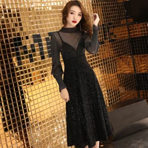 2 Pièces Noire Transparentes Robe De Fete 2019 Princesse Col Haut Manches Longues Glitter Polyester Thé Longueur Volants Robe De Ceremonie