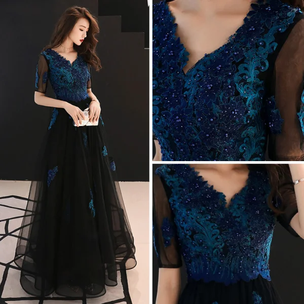Abordable Bleu Marine Robe De Soirée 2019 Princesse V-Cou Manches Courtes Appliques En Dentelle Perlage Longue Volants Dos Nu Robe De Ceremonie