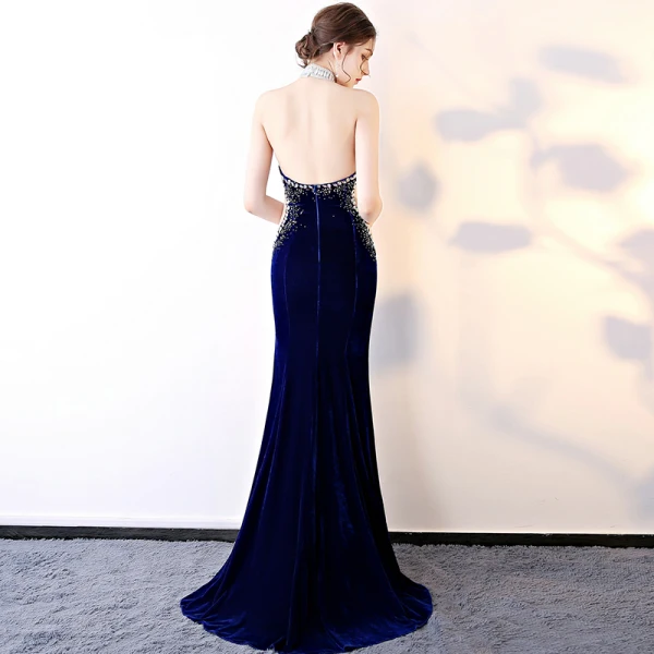 Sexy Bleu Roi Daim Robe De Soirée 2018 Trompette / Sirène Perlage Titulaire Sans Manches Faux Diamant Train De Balayage Dos Nu Robe De Ceremonie