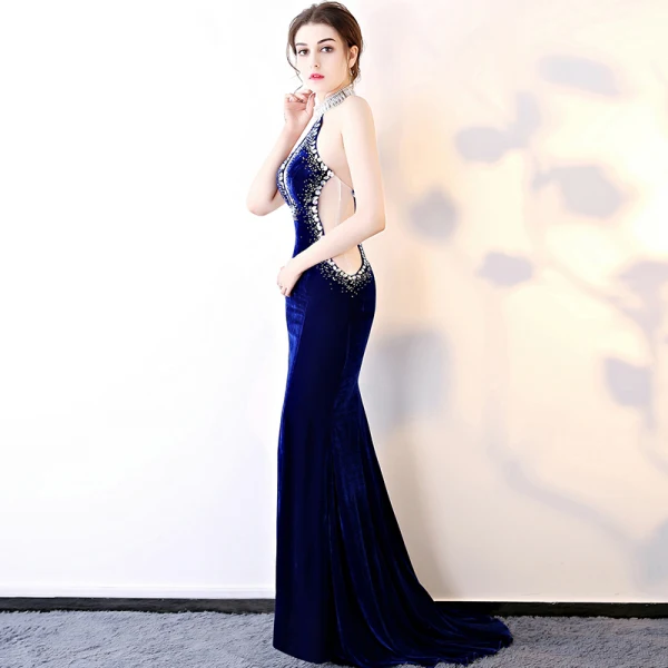 Sexy Bleu Roi Daim Robe De Soirée 2018 Trompette / Sirène Perlage Titulaire Sans Manches Faux Diamant Train De Balayage Dos Nu Robe De Ceremonie