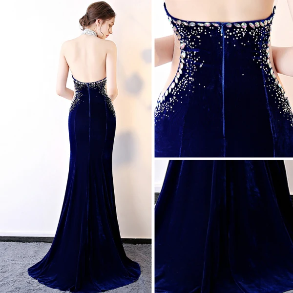 Sexy Bleu Roi Daim Robe De Soirée 2018 Trompette / Sirène Perlage Titulaire Sans Manches Faux Diamant Train De Balayage Dos Nu Robe De Ceremonie