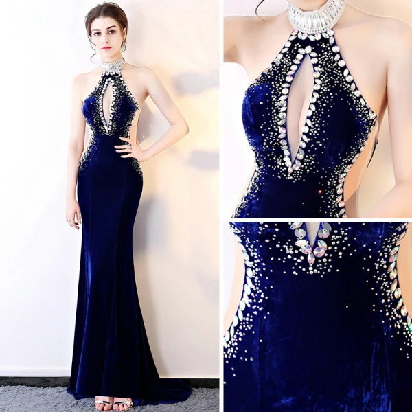 Sexy Bleu Roi Daim Robe De Soirée 2018 Trompette / Sirène Perlage Titulaire Sans Manches Faux Diamant Train De Balayage Dos Nu Robe De Ceremonie