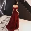 Schöne Burgunderrot Abendkleider 2019 A Linie Off Shoulder Kurze Ärmel Glanz Polyester Sweep / Pinsel Zug Rüschen Rückenfreies Festliche Kleider