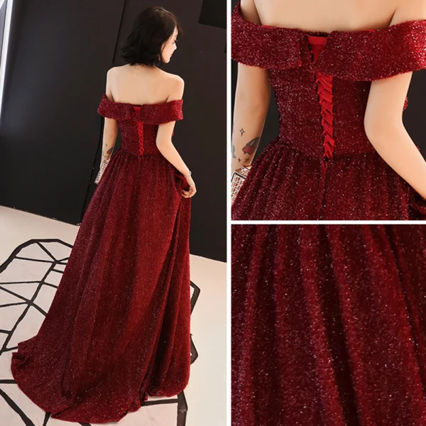 Schöne Burgunderrot Abendkleider 2019 A Linie Off Shoulder Kurze Ärmel Glanz Polyester Sweep / Pinsel Zug Rüschen Rückenfreies Festliche Kleider