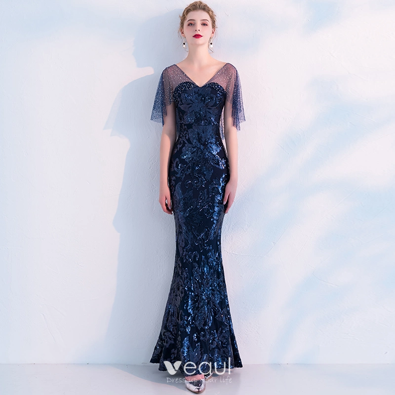 Short Sleeve Sequin Navy Blue V Neck Trumpet Mermaid Prom Dress Short Sleeve Sequin Navy Blue V Neck Trumpet Mermaid Prom Dress