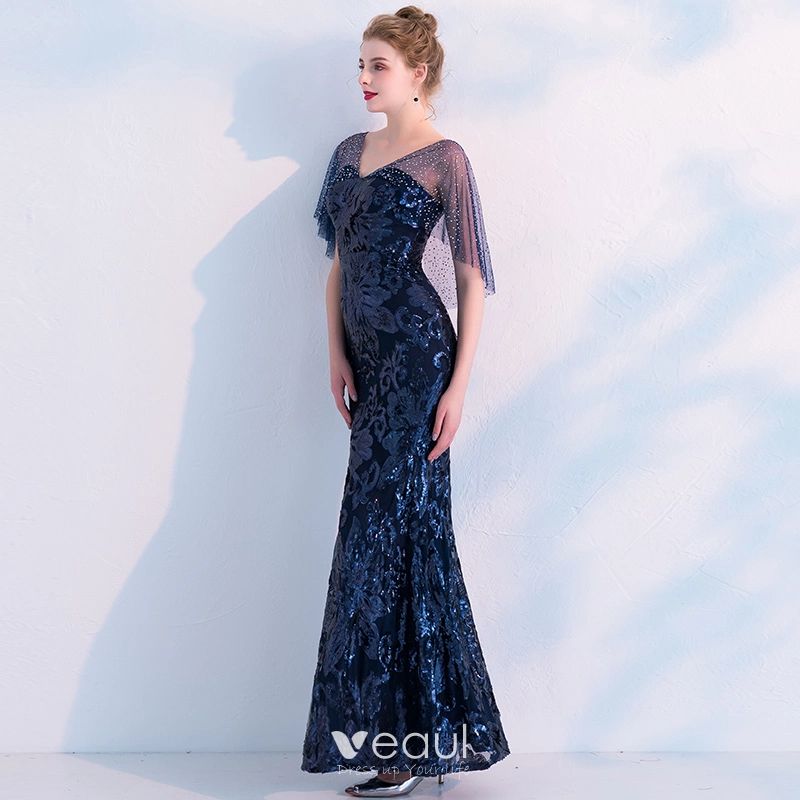 Short Sleeve Sequin Navy Blue V Neck Trumpet Mermaid Prom Dress Short Sleeve Sequin Navy Blue V Neck Trumpet Mermaid Prom Dress
