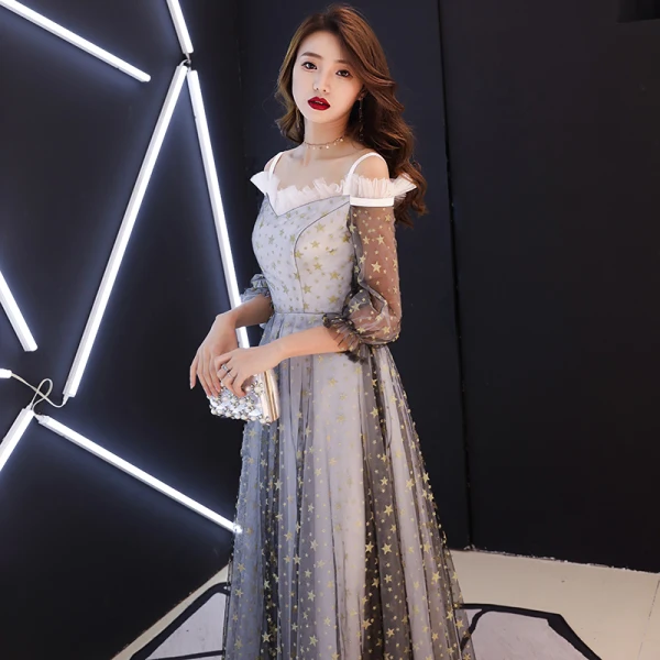 Chic / Belle Gris Robe De Soirée 2019 Princesse De l'épaule épaules Gonflée 3/4 Manches Glitter Étoile Longue Volants Dos Nu Robe De Ceremonie