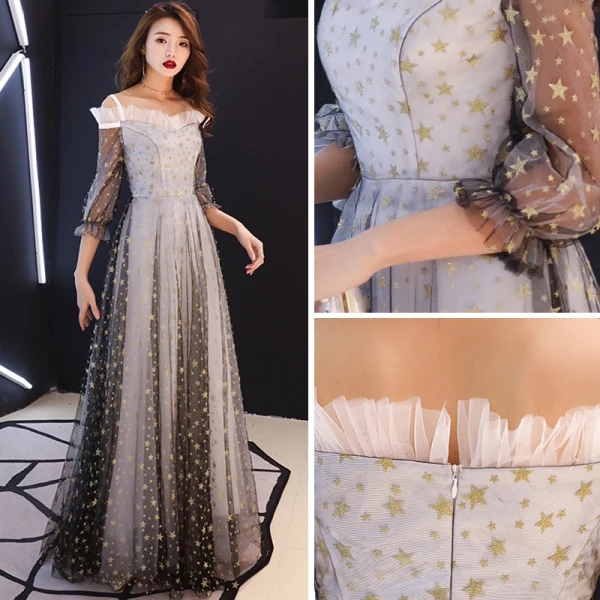 Chic / Belle Gris Robe De Soirée 2019 Princesse De l'épaule épaules Gonflée 3/4 Manches Glitter Étoile Longue Volants Dos Nu Robe De Ceremonie