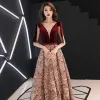Sexy Burgundy Evening Dresses  2019 A-Line / Princess V-Neck Sleeveless Printing Flower Polyester Beading Sash Floor-Length / Long Ruffle Backless Formal Dresses