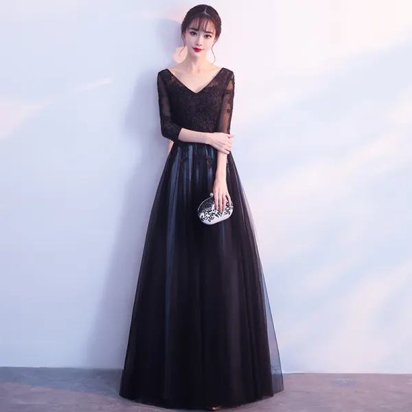 Affordable Black Prom Dresses 2019 A-Line / Princess V-Neck 3/4 Sleeve Appliques Lace Floor-Length / Long Ruffle Backless Formal Dresses