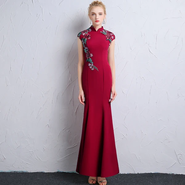 Chinese style Burgundy Evening Dresses 2018 Trumpet / Mermaid High Neck Cap Sleeves Embroidered Ankle Length Formal Dresses