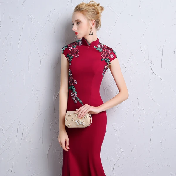 Chinese style Burgundy Evening Dresses 2018 Trumpet / Mermaid High Neck Cap Sleeves Embroidered Ankle Length Formal Dresses