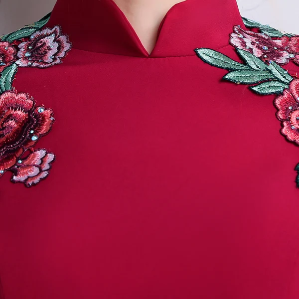 Chinese style Burgundy Evening Dresses 2018 Trumpet / Mermaid High Neck Cap Sleeves Embroidered Ankle Length Formal Dresses
