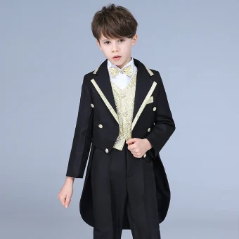 Gold Tie Black Tailcoat Tuxedo Boys Wedding Suits 2019